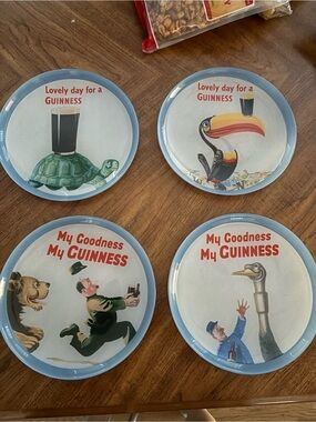 Guinness Plate Set with Blue Rim and Cream Center - Illustrated Animal Ads